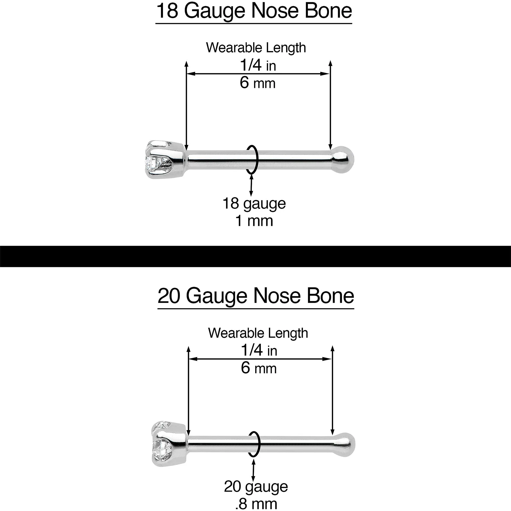 20 Gauge 1/4 Clear Red Gem Black Skull Halloween Nose Bone