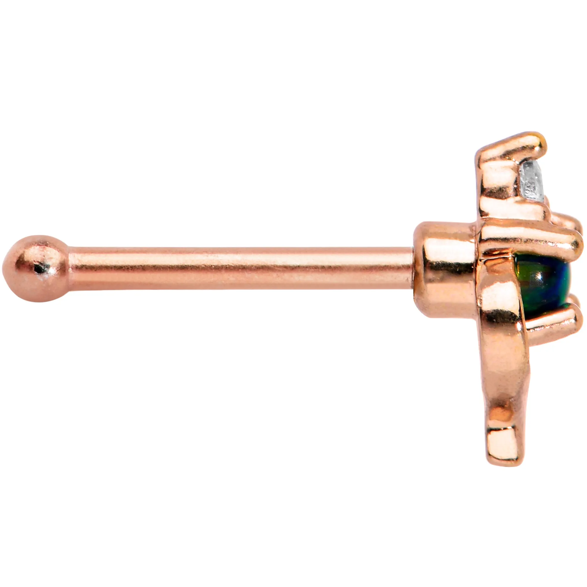 20 Gauge 1/4 Green Synthetic Opal Rose Gold Tone Twist Nose Bone