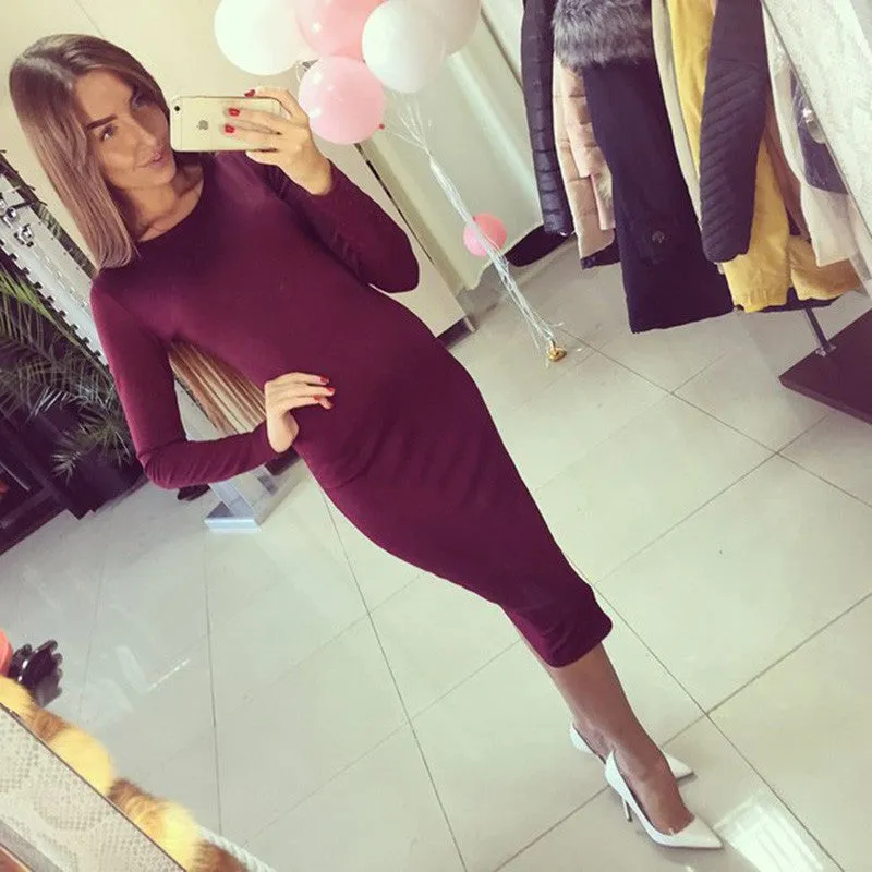2016 Autumn Womens Casual Pencil Bodycon Bandage Dress Long Sleeve Scoop Collar Office Work Sheath Midi Dress Vestidos GV106