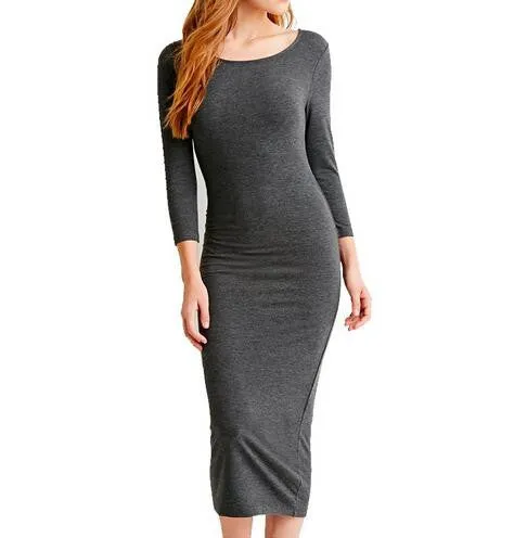 2016 Autumn Womens Casual Pencil Bodycon Bandage Dress Long Sleeve Scoop Collar Office Work Sheath Midi Dress Vestidos GV106