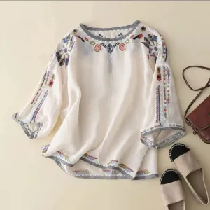 2025 Summer Vintage Blouse Women Embroidery Shirts & Blouses Cotton Linen Chemise Ladies Loose Casual Pullover Tops Blusas 셔츠