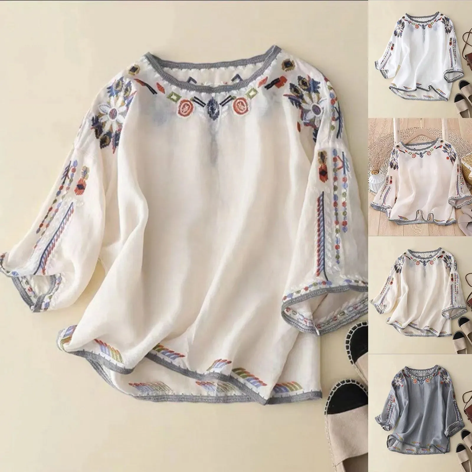 2025 Summer Vintage Blouse Women Embroidery Shirts & Blouses Cotton Linen Chemise Ladies Loose Casual Pullover Tops Blusas 셔츠