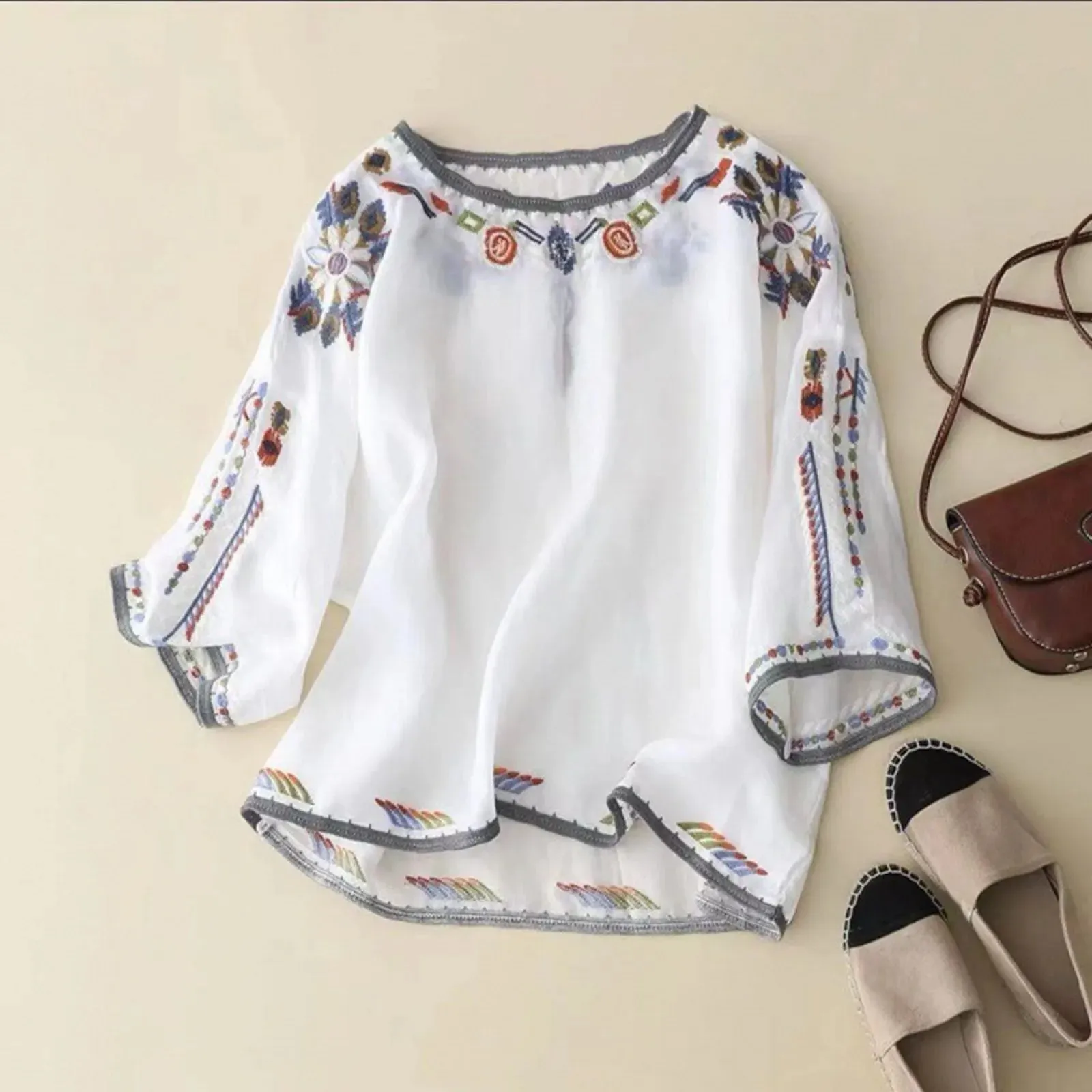 2025 Summer Vintage Blouse Women Embroidery Shirts & Blouses Cotton Linen Chemise Ladies Loose Casual Pullover Tops Blusas 셔츠