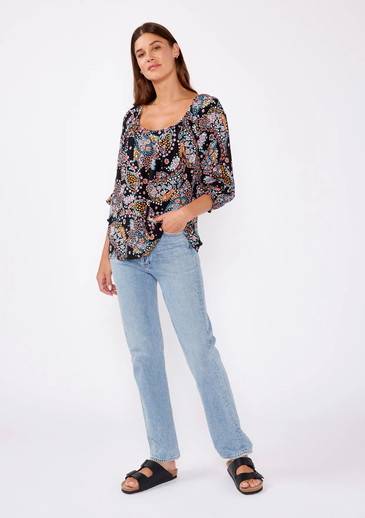 3/4 Sleeve Floral V-Neck Blouse