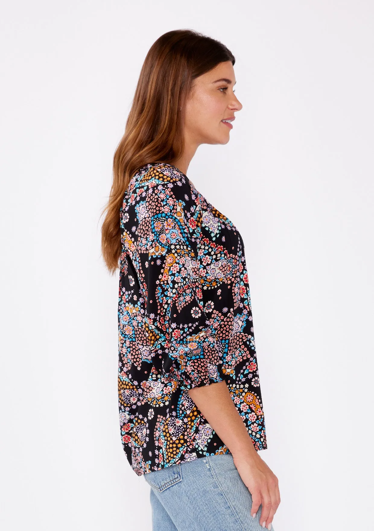 3/4 Sleeve Floral V-Neck Blouse