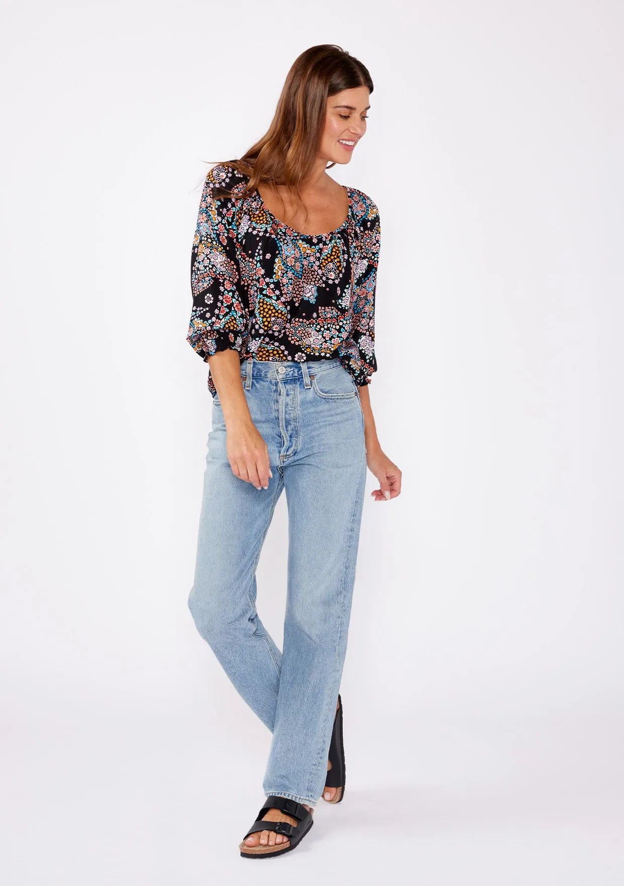 3/4 Sleeve Floral V-Neck Blouse