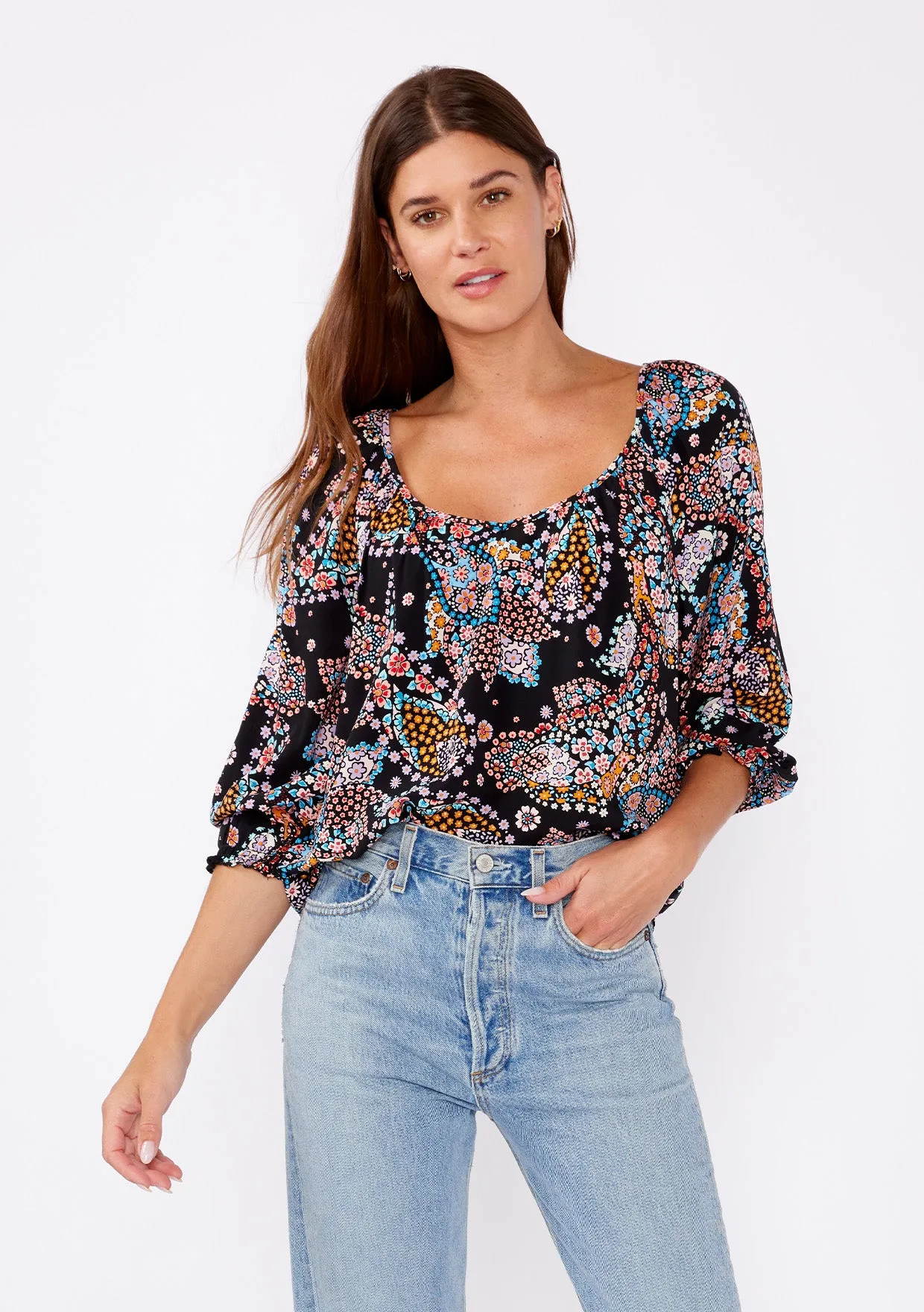 3/4 Sleeve Floral V-Neck Blouse