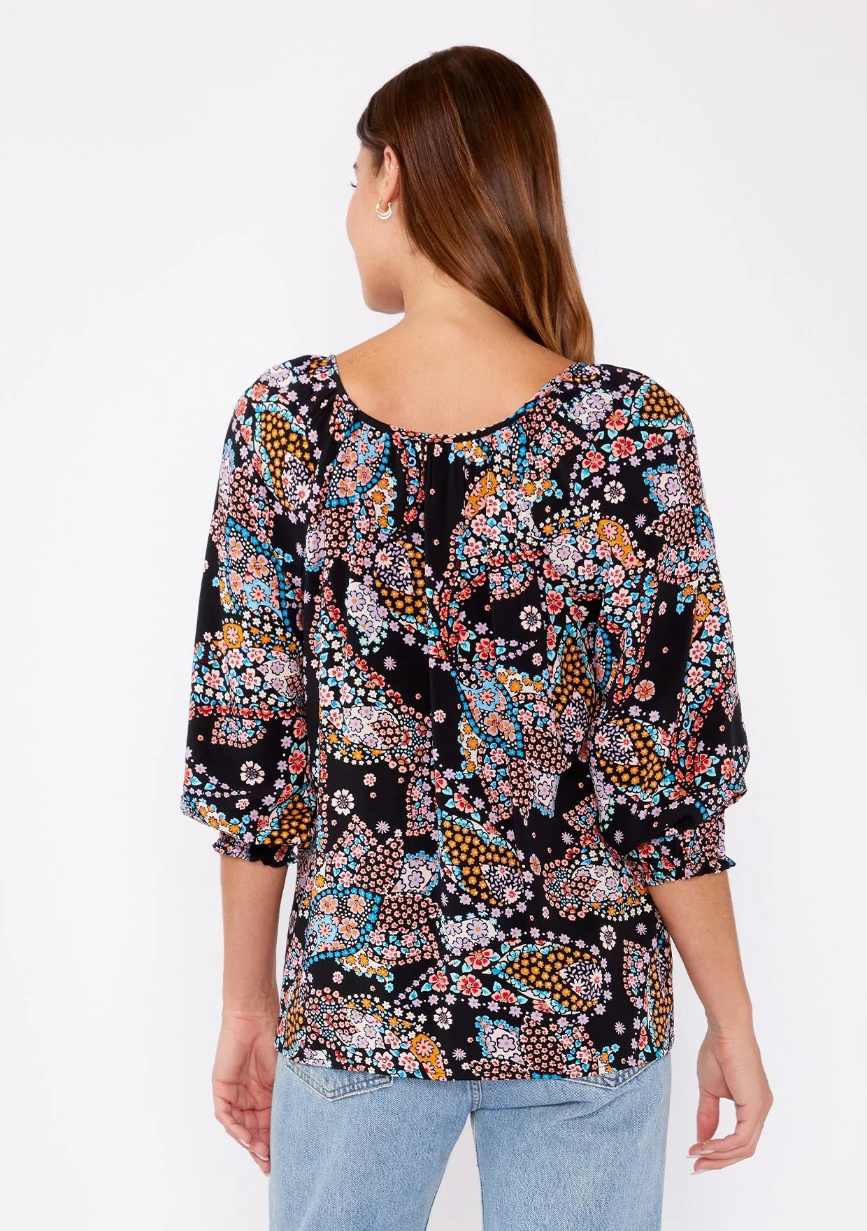 3/4 Sleeve Floral V-Neck Blouse