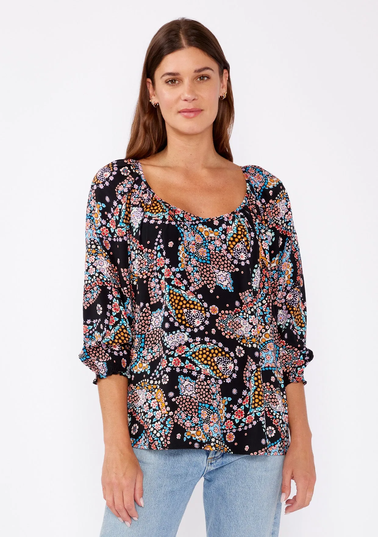 3/4 Sleeve Floral V-Neck Blouse