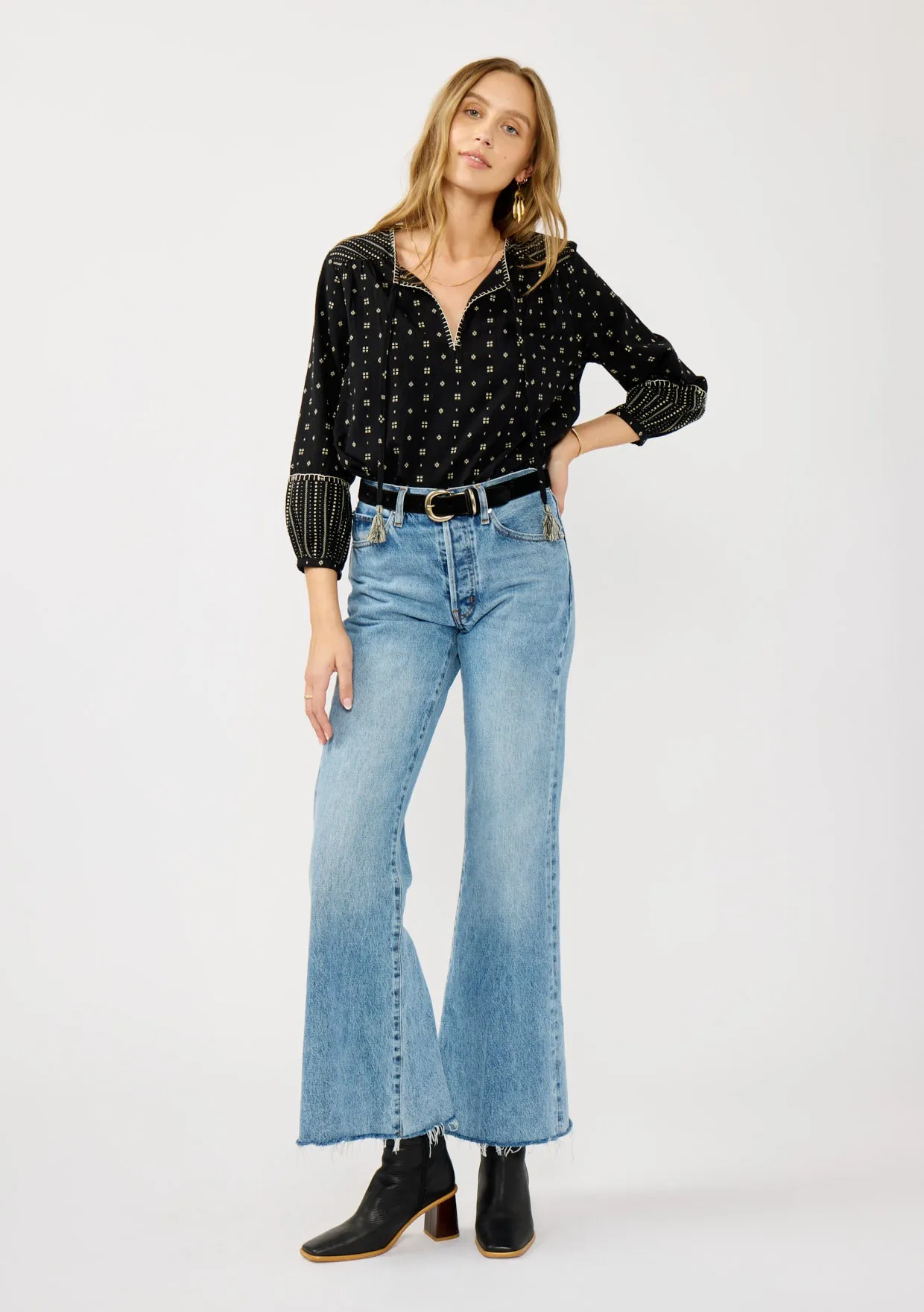 3/4 Sleeve Jacquard Split Neck Top with Tie