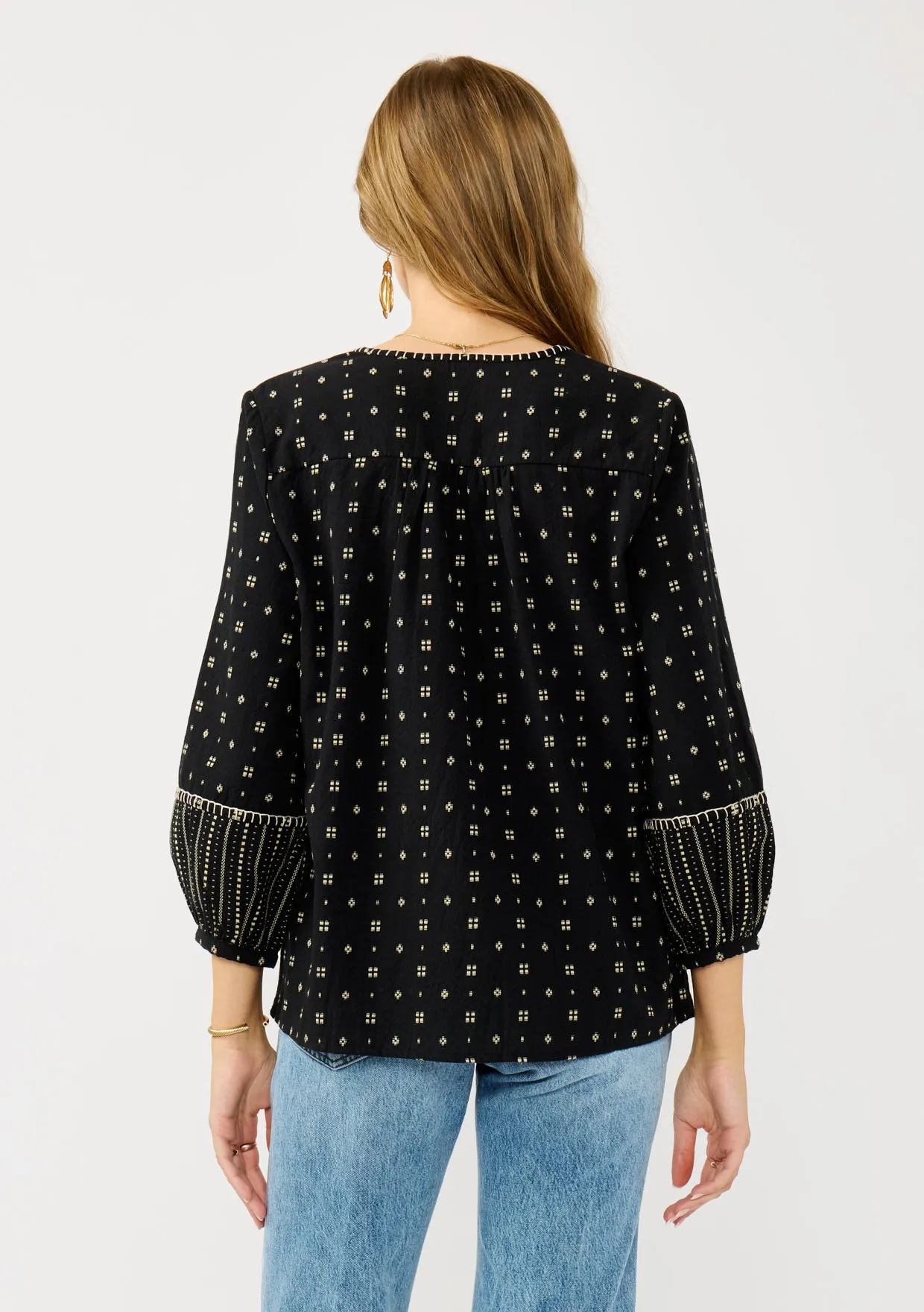 3/4 Sleeve Jacquard Split Neck Top with Tie