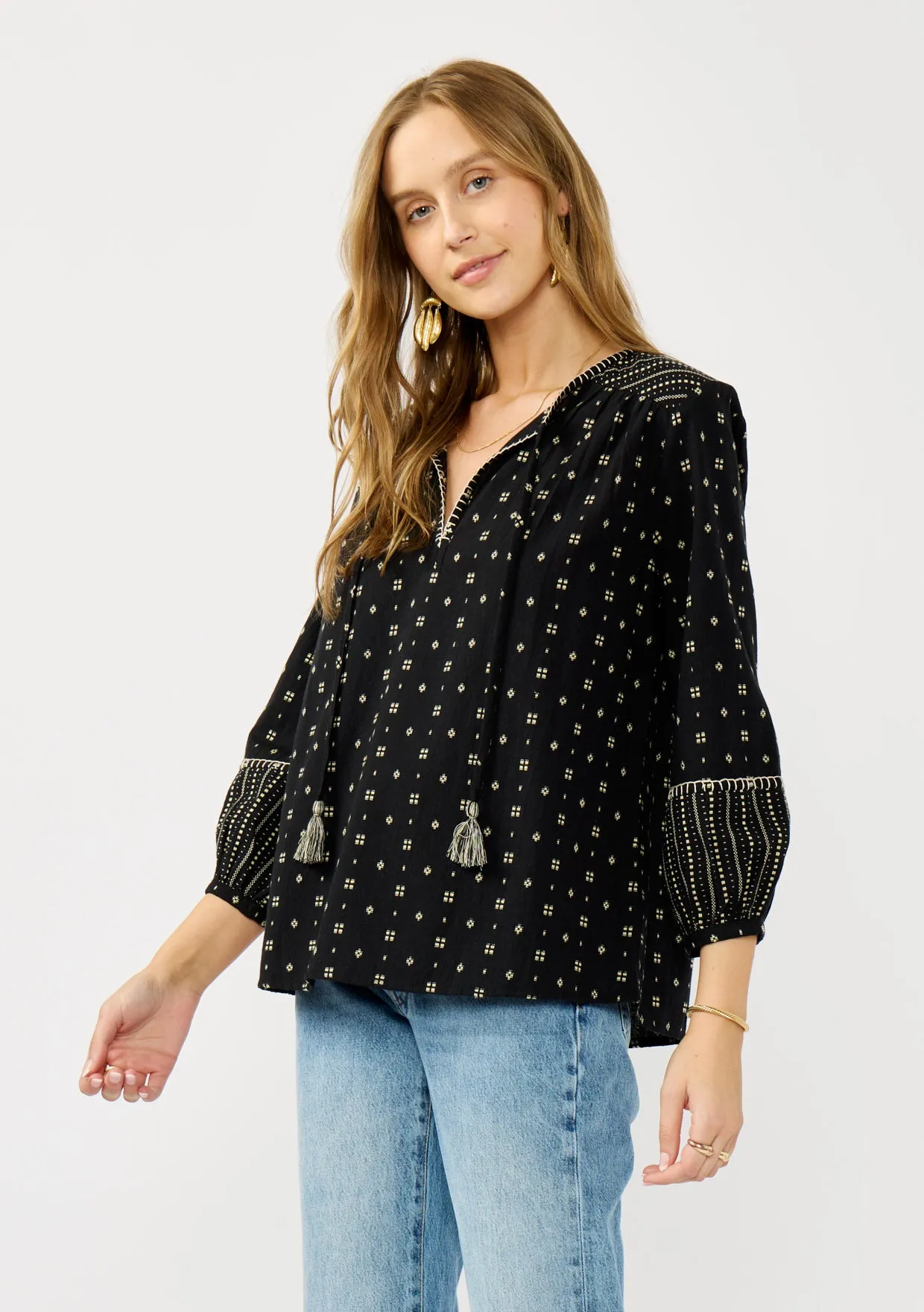 3/4 Sleeve Jacquard Split Neck Top with Tie