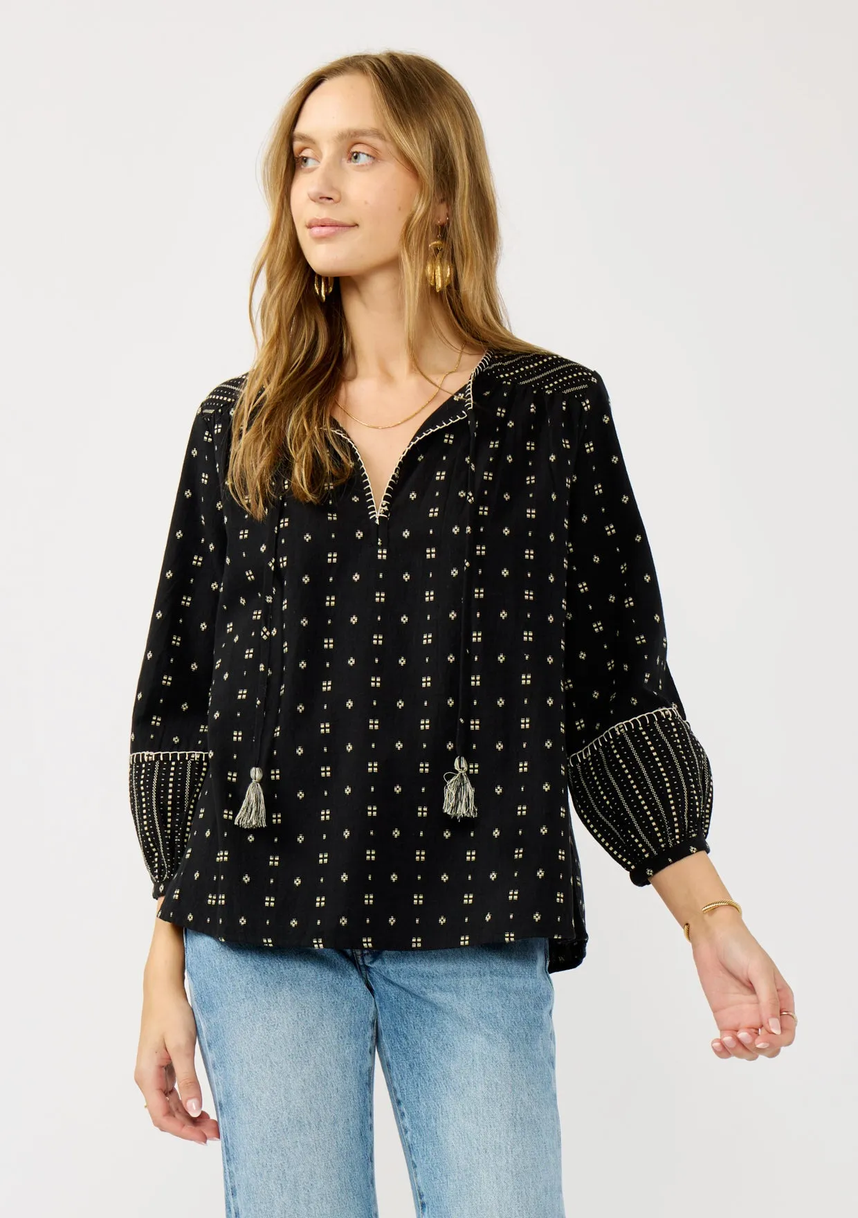 3/4 Sleeve Jacquard Split Neck Top with Tie