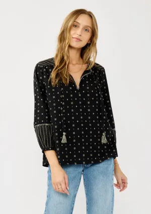 3/4 Sleeve Jacquard Split Neck Top with Tie