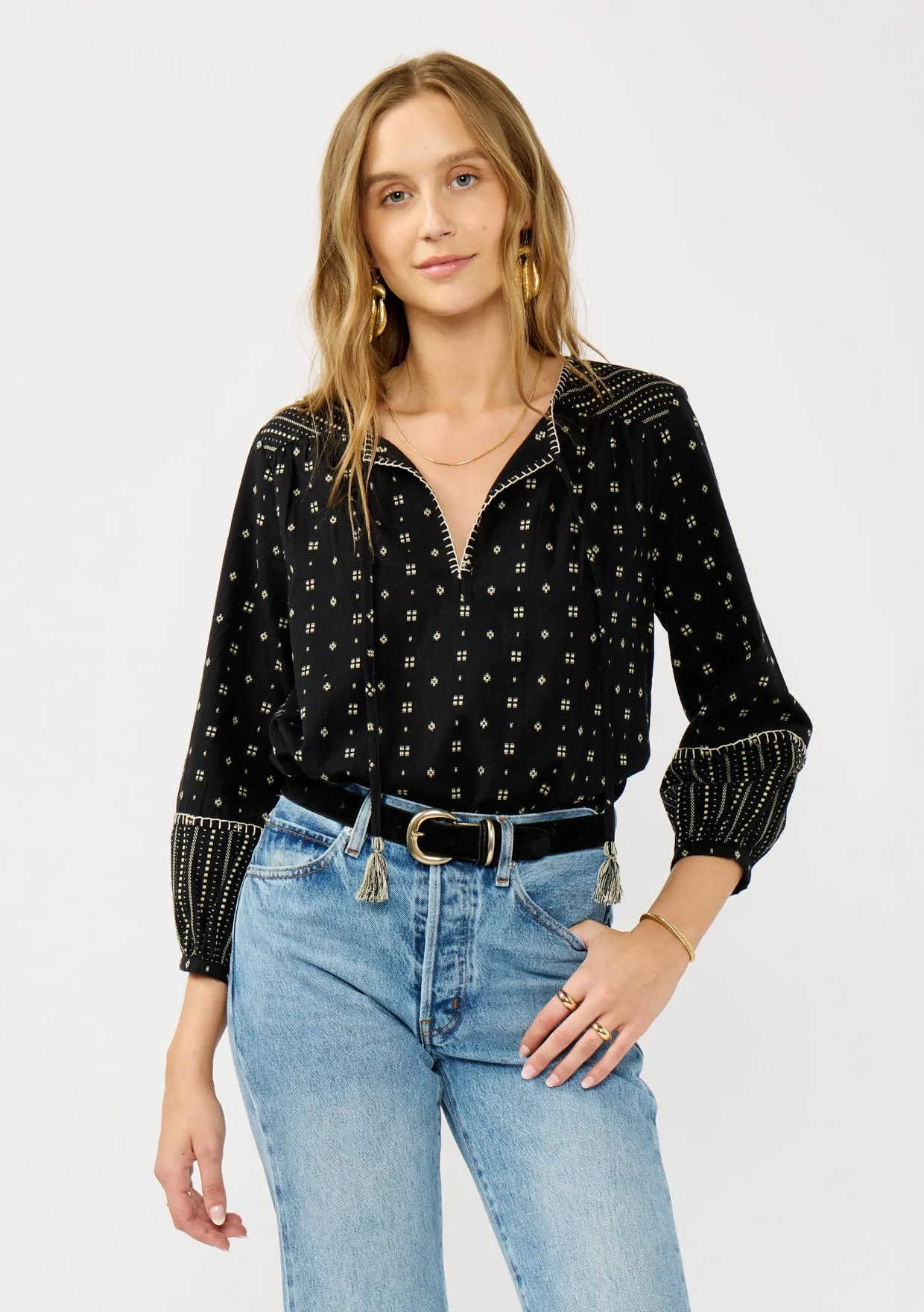 3/4 Sleeve Jacquard Split Neck Top with Tie