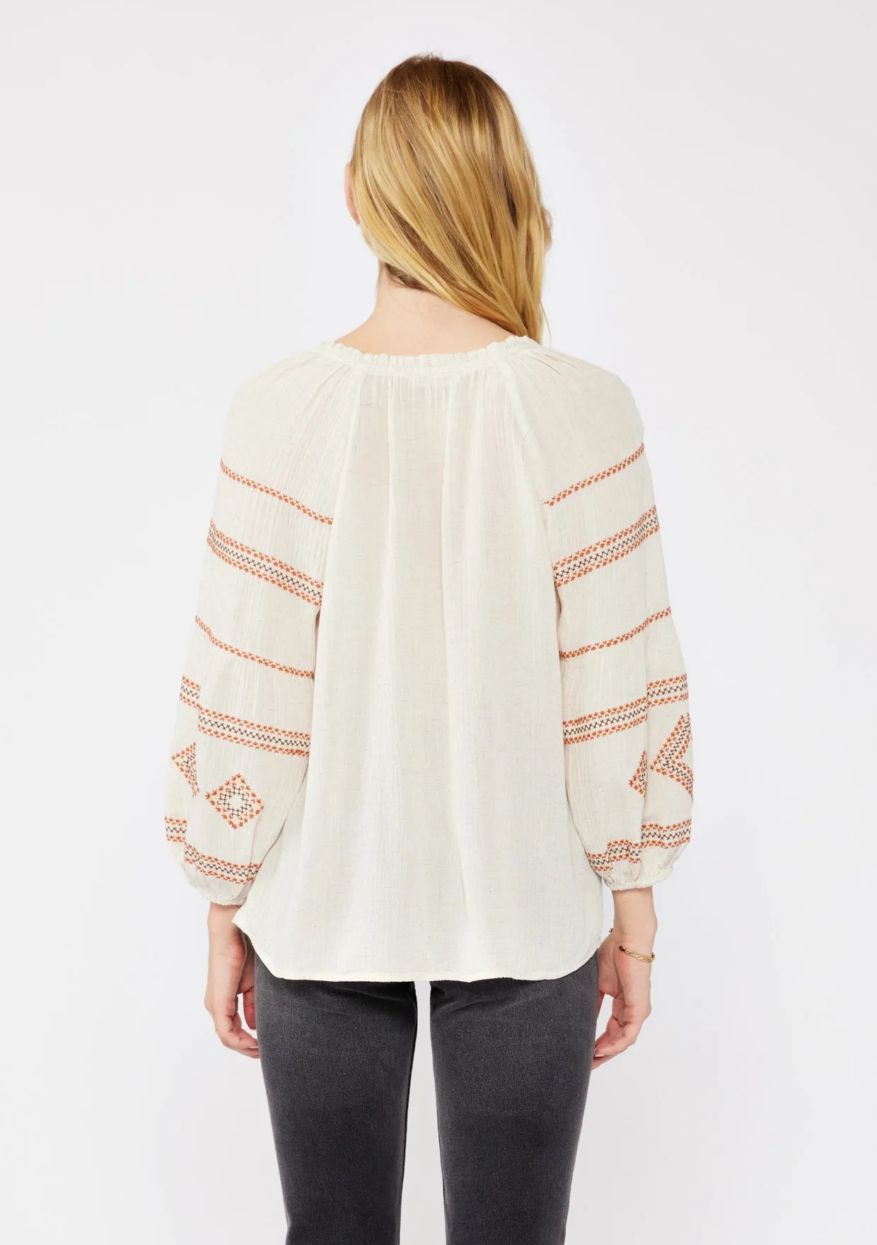 3/4 Sleeve V-Split Neck Top with Tie