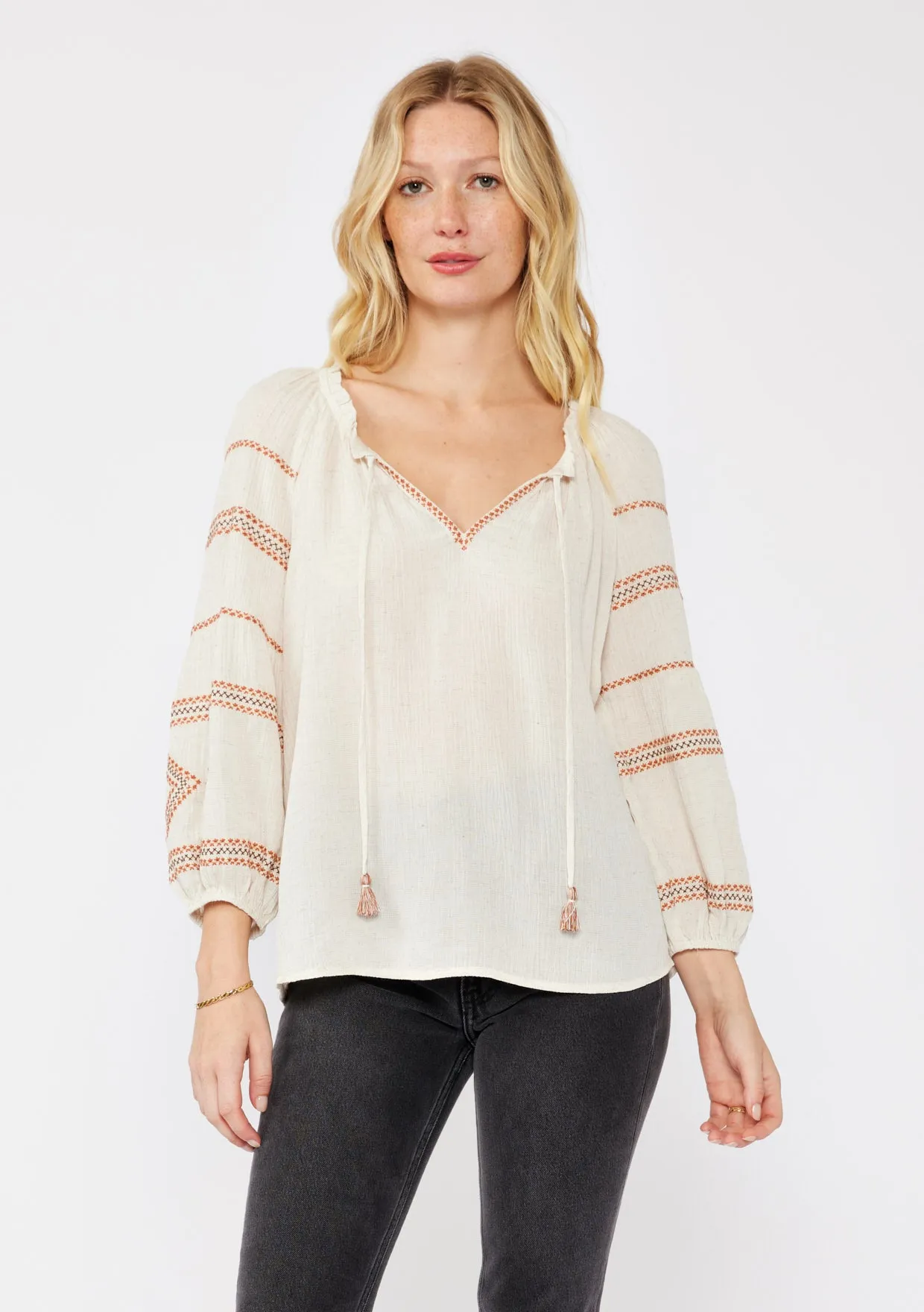 3/4 Sleeve V-Split Neck Top with Tie