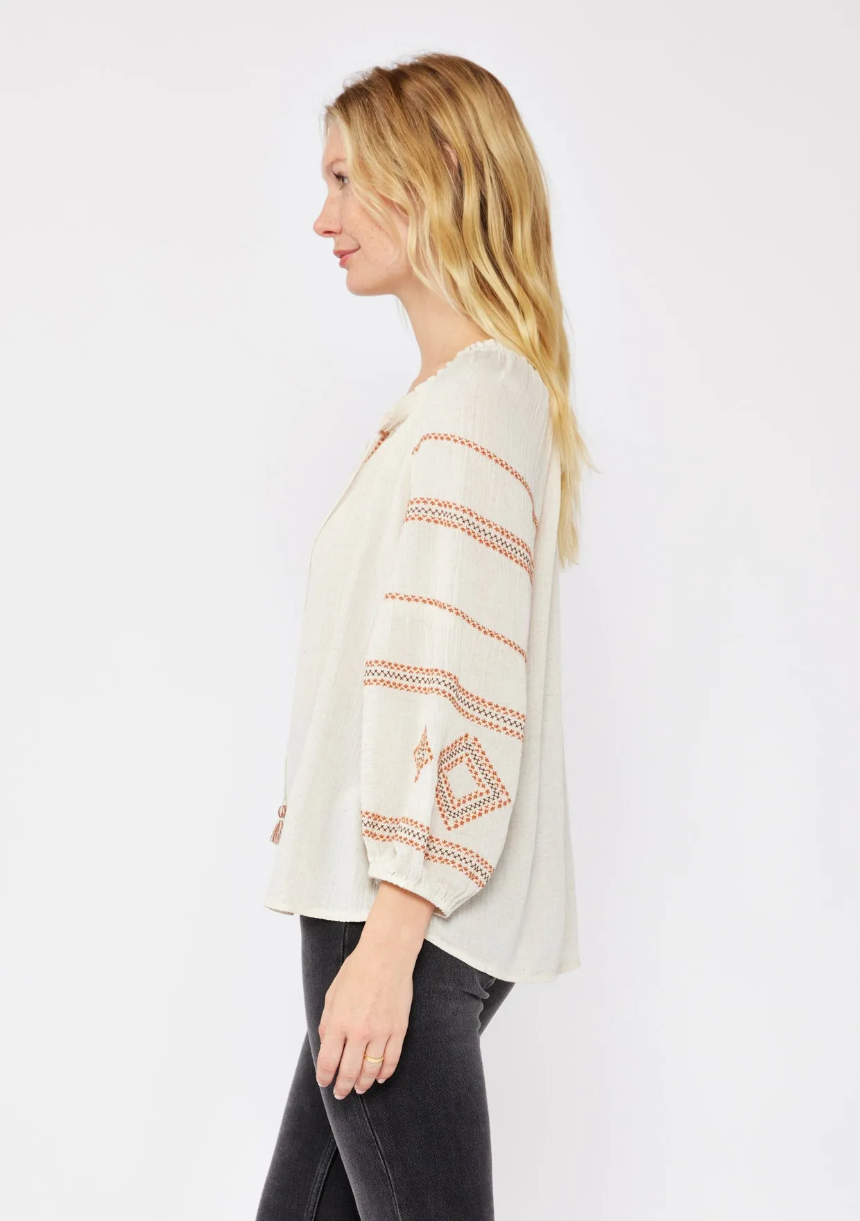 3/4 Sleeve V-Split Neck Top with Tie