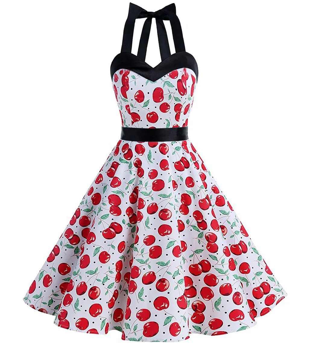 50s Style Floral Rockabilly Dresses Cherry Halter Dress