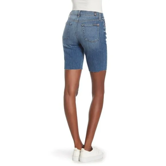 7 For All Mankind Blue Denim Short High Rise Raw Hem Bermuda SZ 24 NWT $149