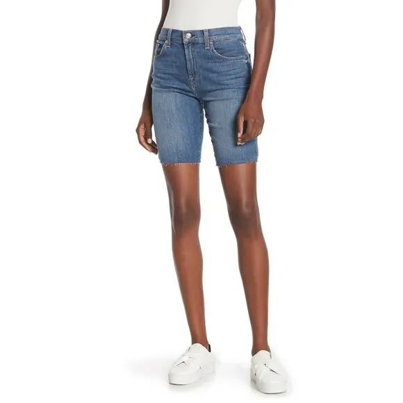 7 For All Mankind Blue Denim Short High Rise Raw Hem Bermuda SZ 24 NWT $149