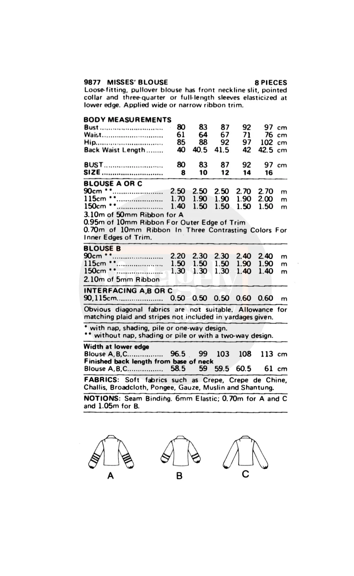 70s Folk Blouses with Balloon Sleeves and Ribbon Trim Variations, Bust 34 (87 cm), Vogue 9877, Vintage Sewing Pattern Reproduction