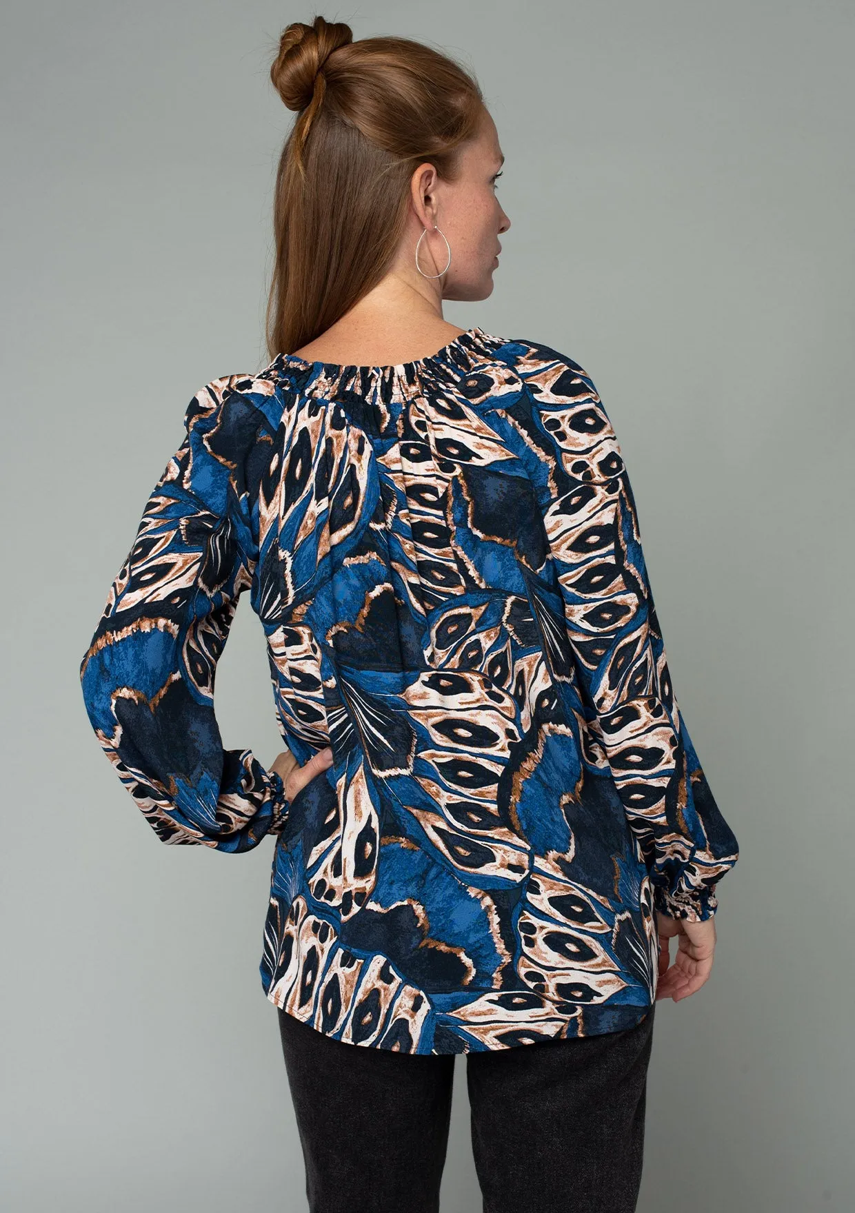 Abstract Long Sleeve Smocked Peasant Top