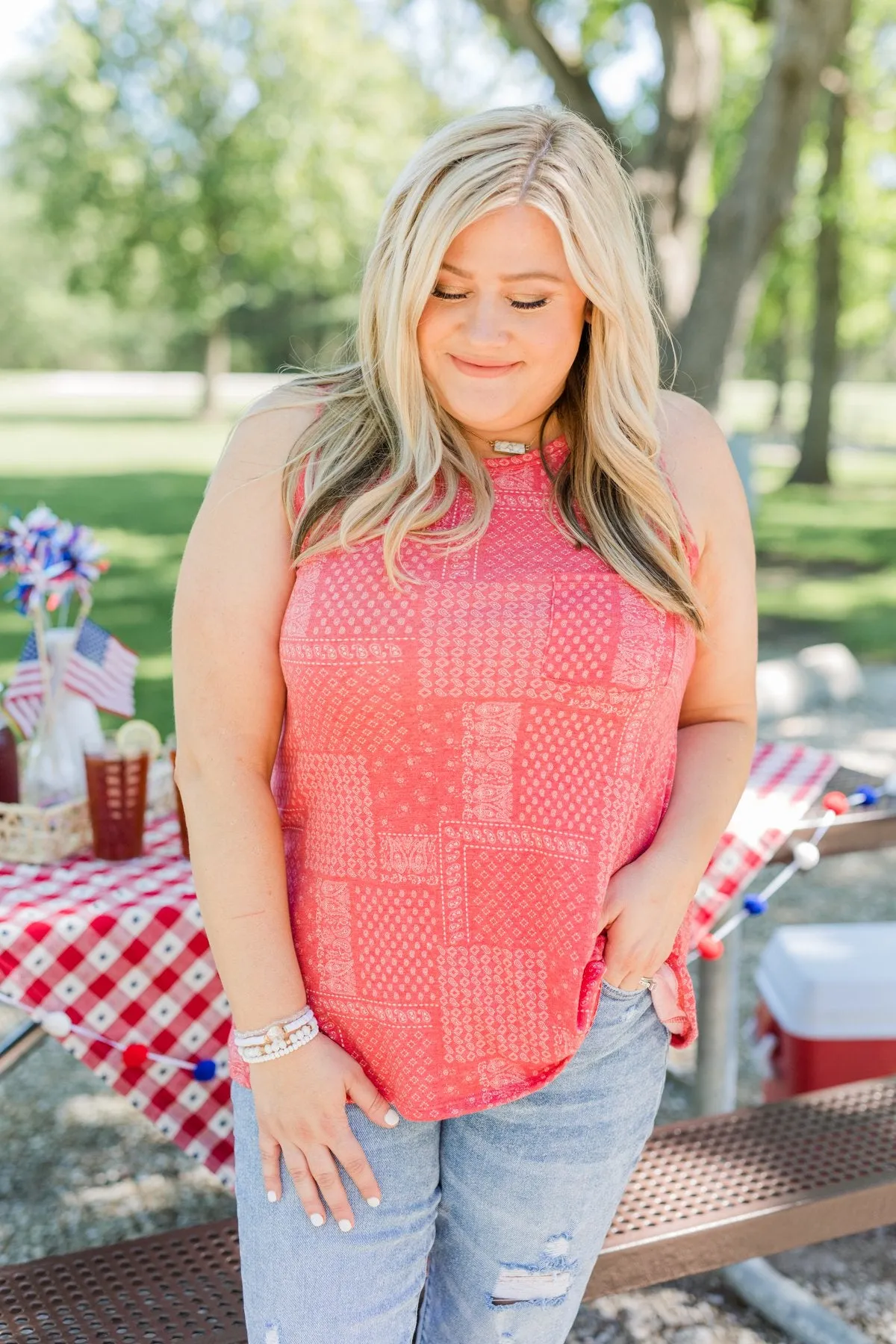 All American Girl Bandana Print Tank Top- Red