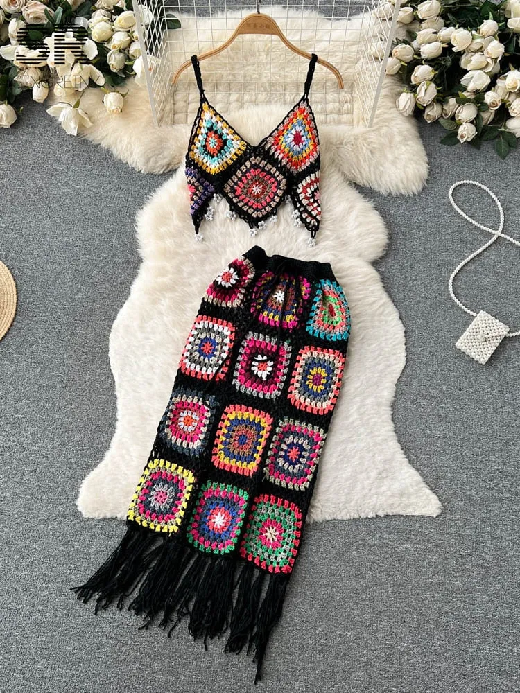 Angela Knitted Two Piece Tassel Skirt Set