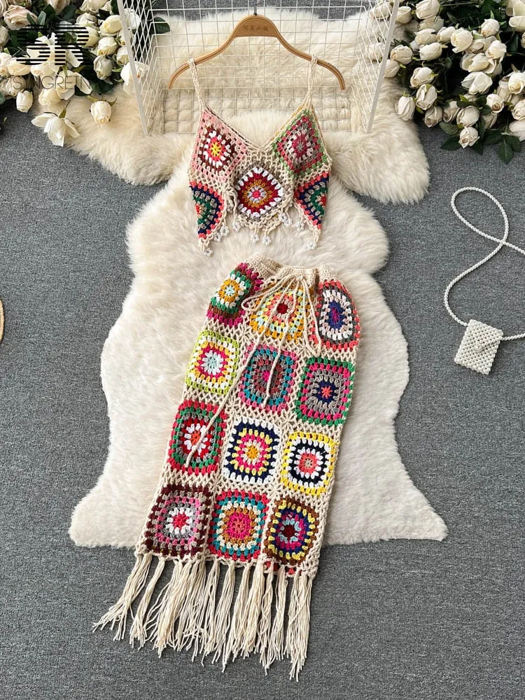 Angela Knitted Two Piece Tassel Skirt Set