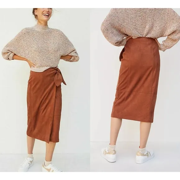 Anthropologie Lauren Brown Sueded Wrap Midi Skirt Size L