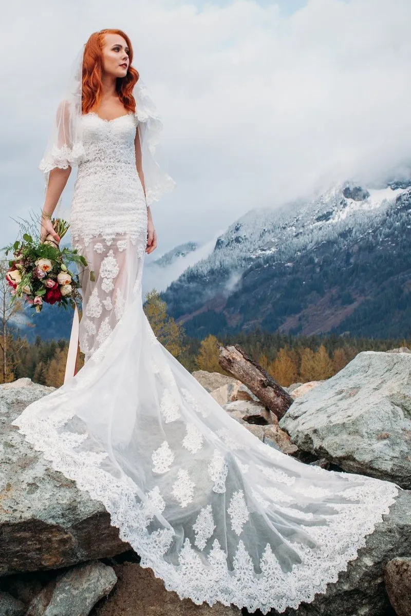 Appliques Lace Sheath Wedding Dress with Sheer Skirt