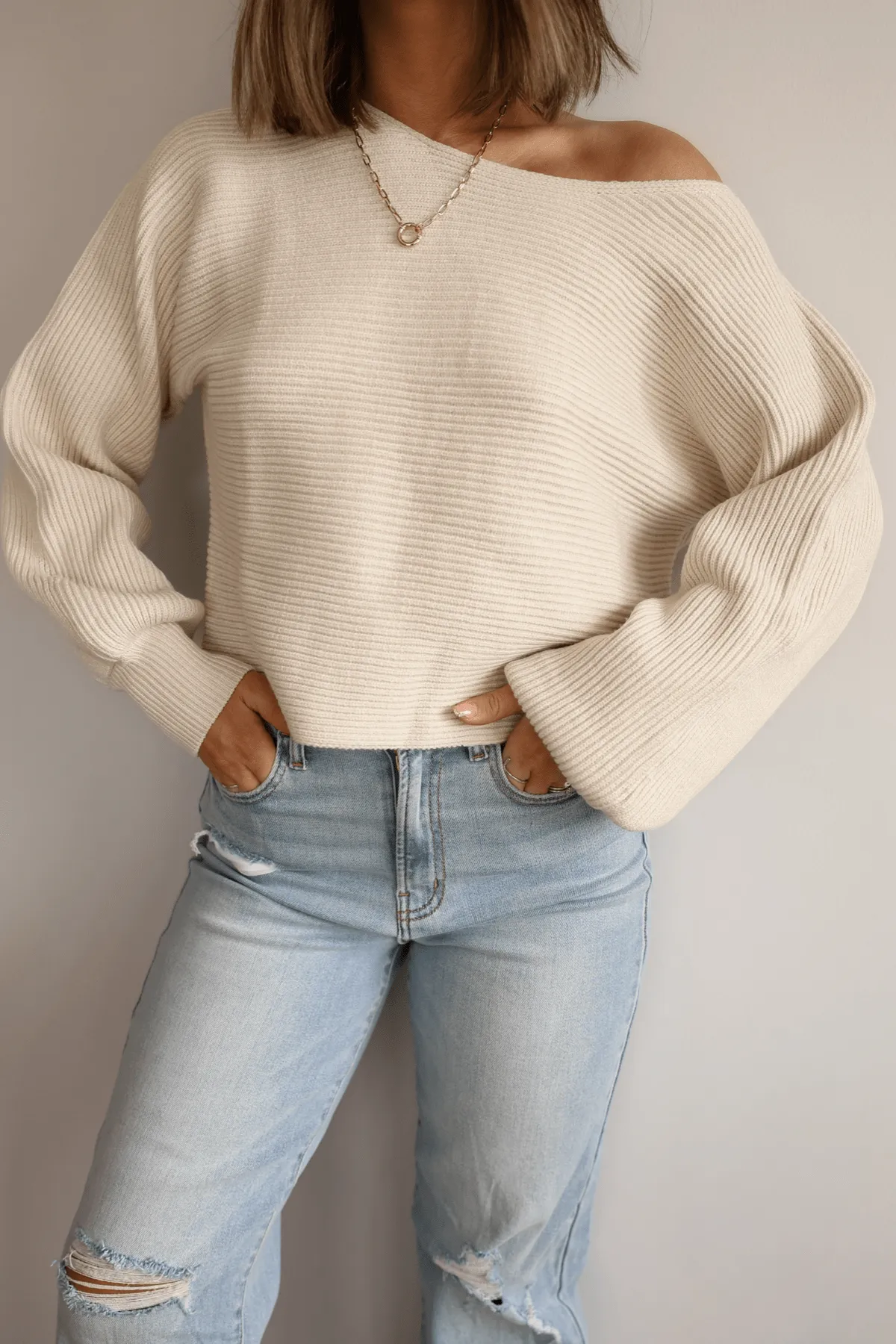 Avery Ribbed Boat Neck Sweater - Beige - FINAL SALE