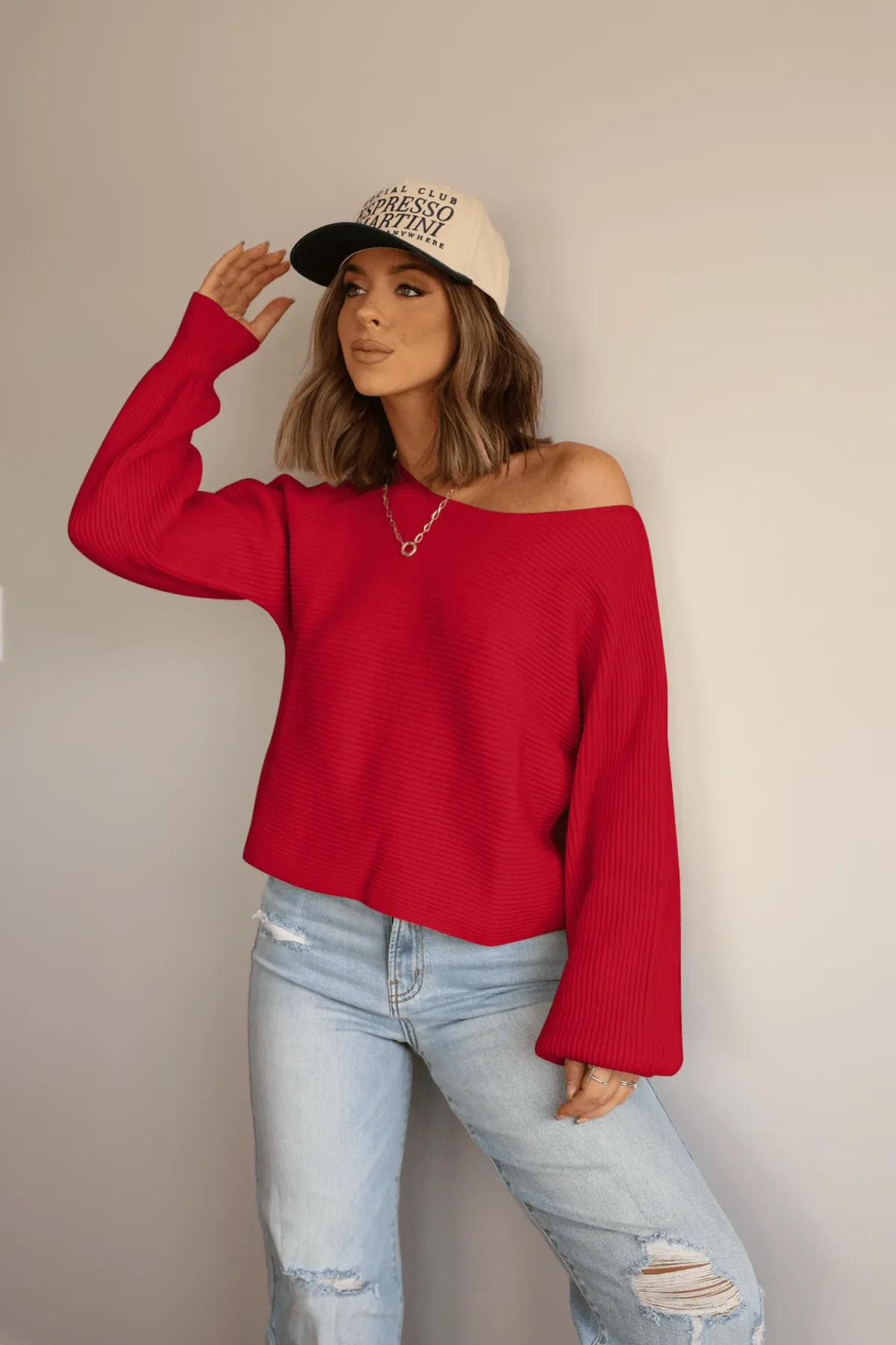 Avery Ribbed Boat Neck Sweater - Red - FINAL SALE
