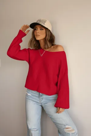 Avery Ribbed Boat Neck Sweater - Red - FINAL SALE