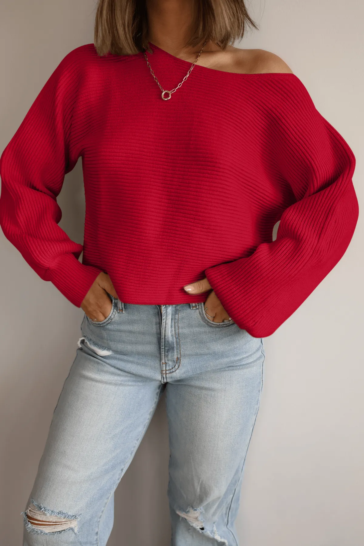 Avery Ribbed Boat Neck Sweater - Red - FINAL SALE