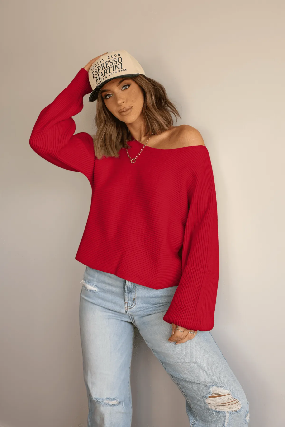 Avery Ribbed Boat Neck Sweater - Red - FINAL SALE