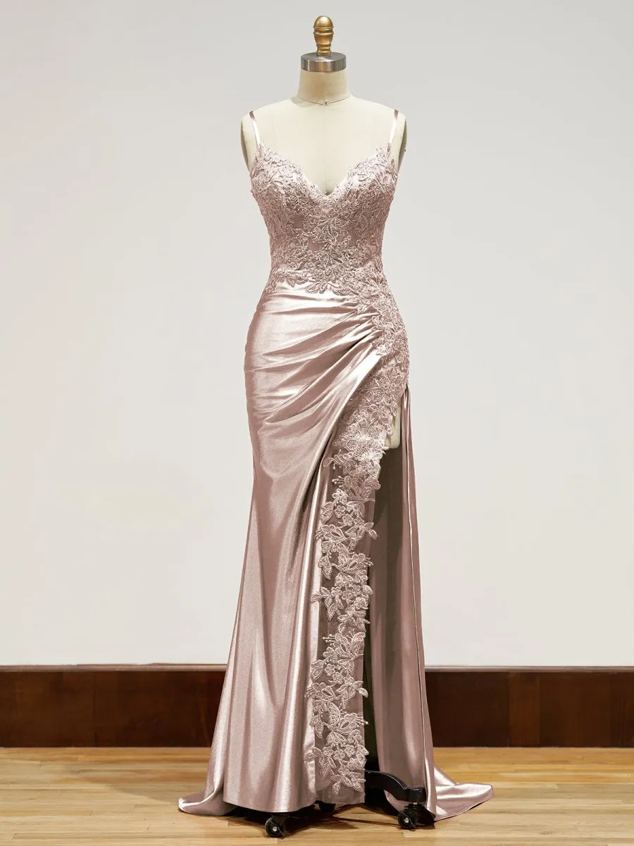 Beatrice | Sheath Spaghetti Straps Black Satin Long Prom Dresses with Lace Appliques