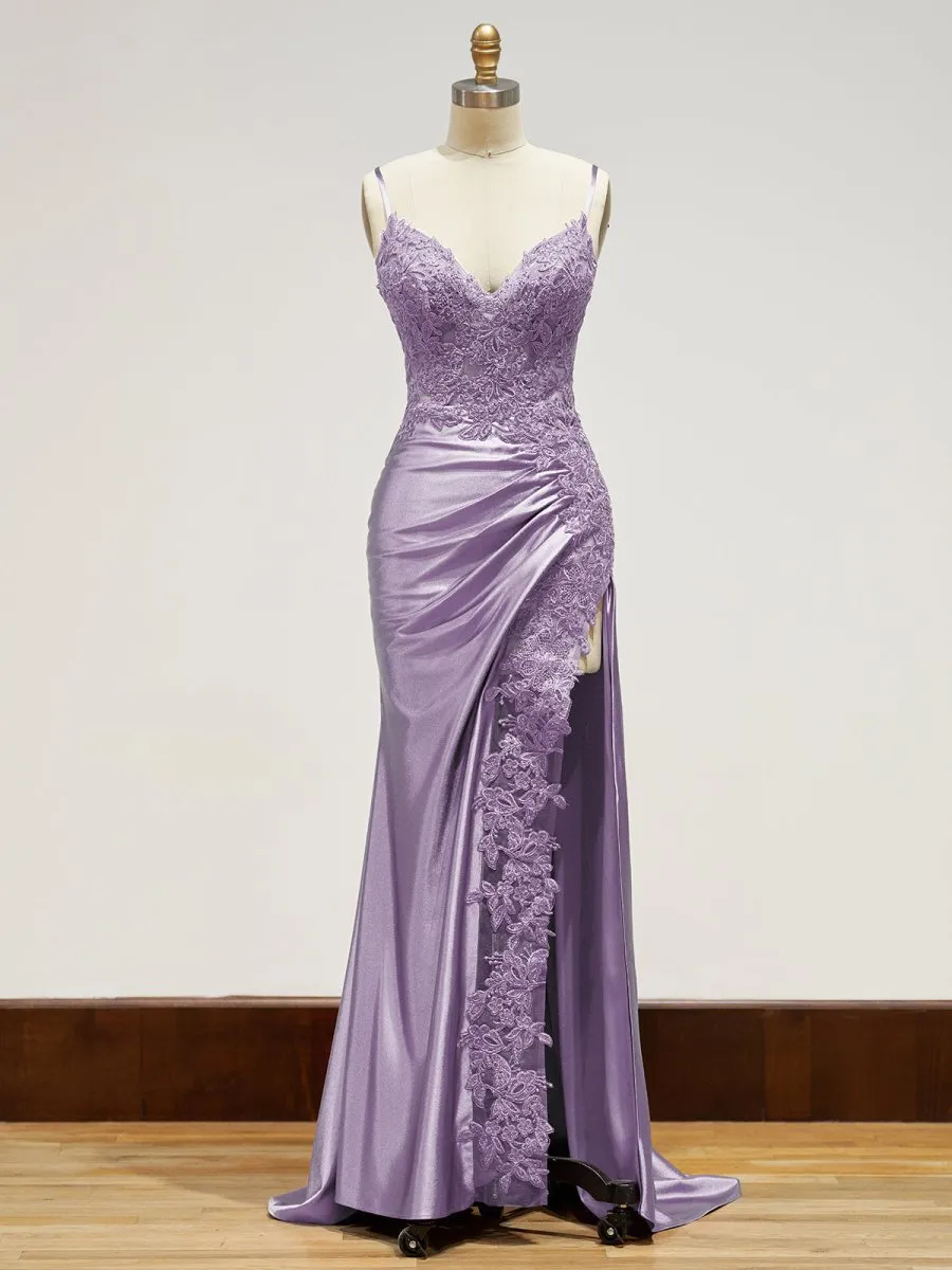 Beatrice | Sheath Spaghetti Straps Black Satin Long Prom Dresses with Lace Appliques