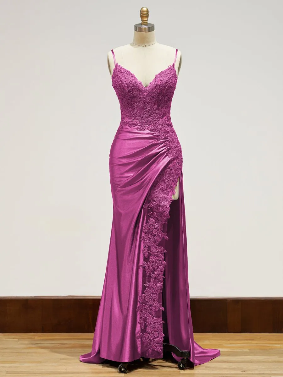 Beatrice | Sheath Spaghetti Straps Black Satin Long Prom Dresses with Lace Appliques