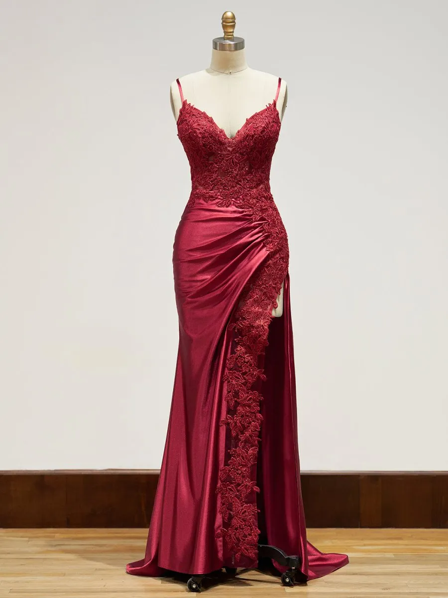 Beatrice | Sheath Spaghetti Straps Black Satin Long Prom Dresses with Lace Appliques