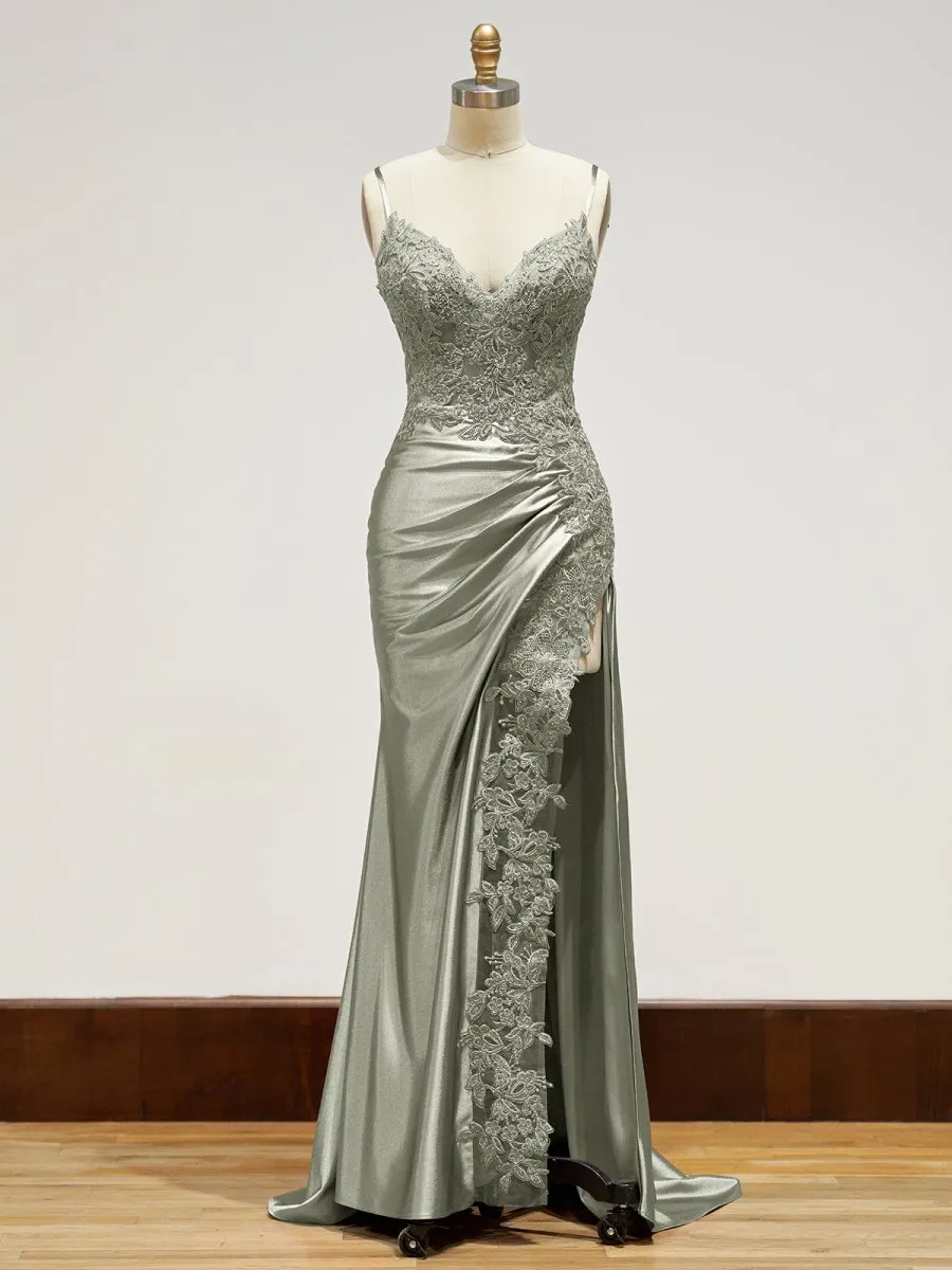 Beatrice | Sheath Spaghetti Straps Black Satin Long Prom Dresses with Lace Appliques