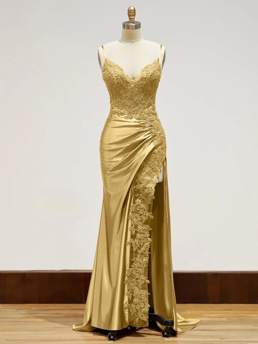 Beatrice | Sheath Spaghetti Straps Black Satin Long Prom Dresses with Lace Appliques