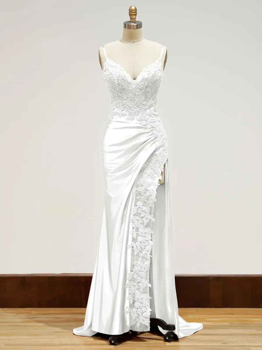 Beatrice | Sheath Spaghetti Straps Black Satin Long Prom Dresses with Lace Appliques
