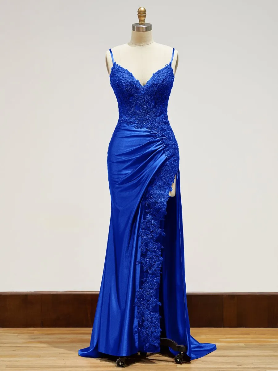 Beatrice | Sheath Spaghetti Straps Black Satin Long Prom Dresses with Lace Appliques