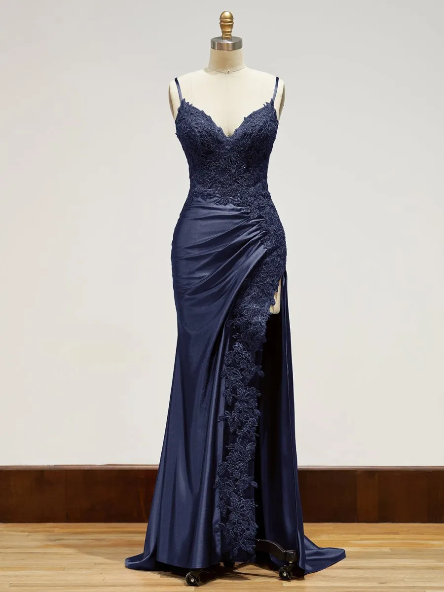 Beatrice | Sheath Spaghetti Straps Black Satin Long Prom Dresses with Lace Appliques