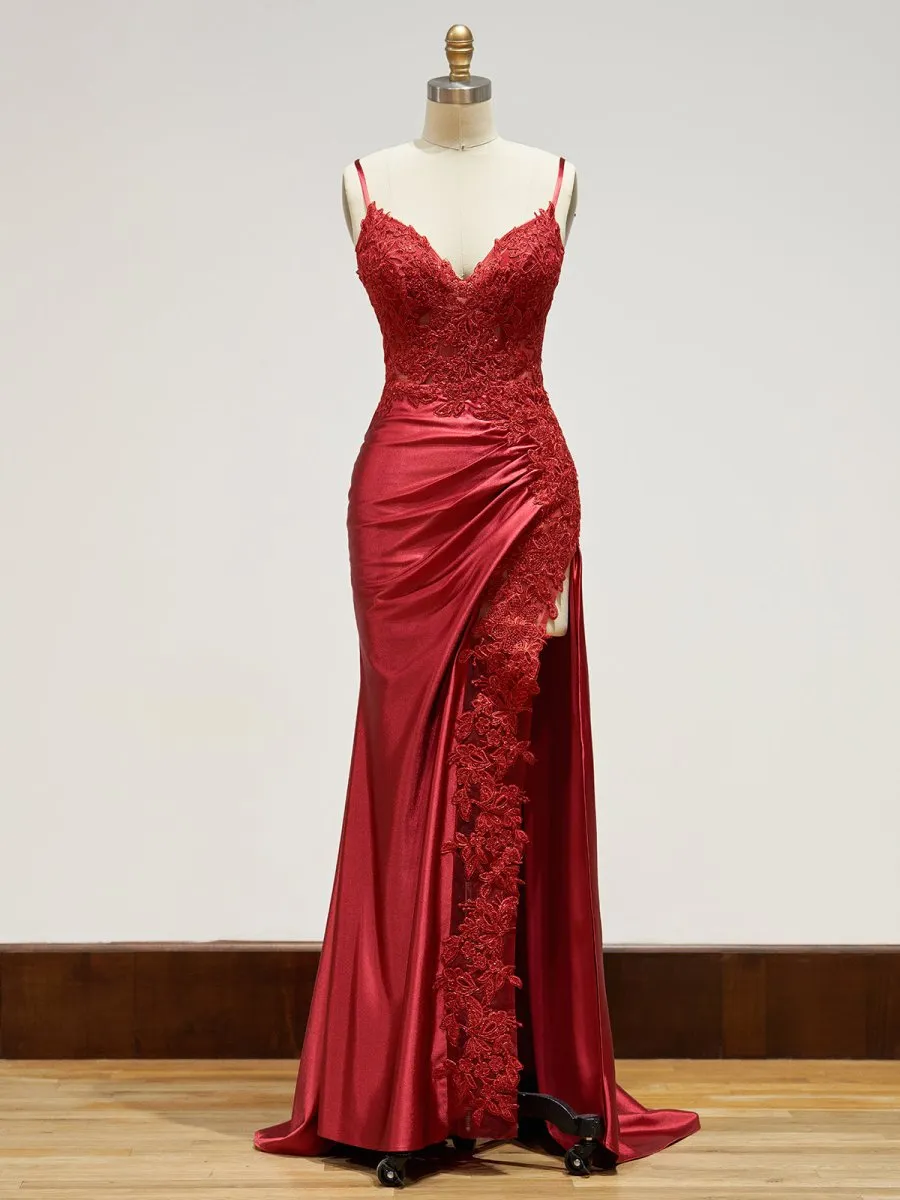 Beatrice | Sheath Spaghetti Straps Black Satin Long Prom Dresses with Lace Appliques