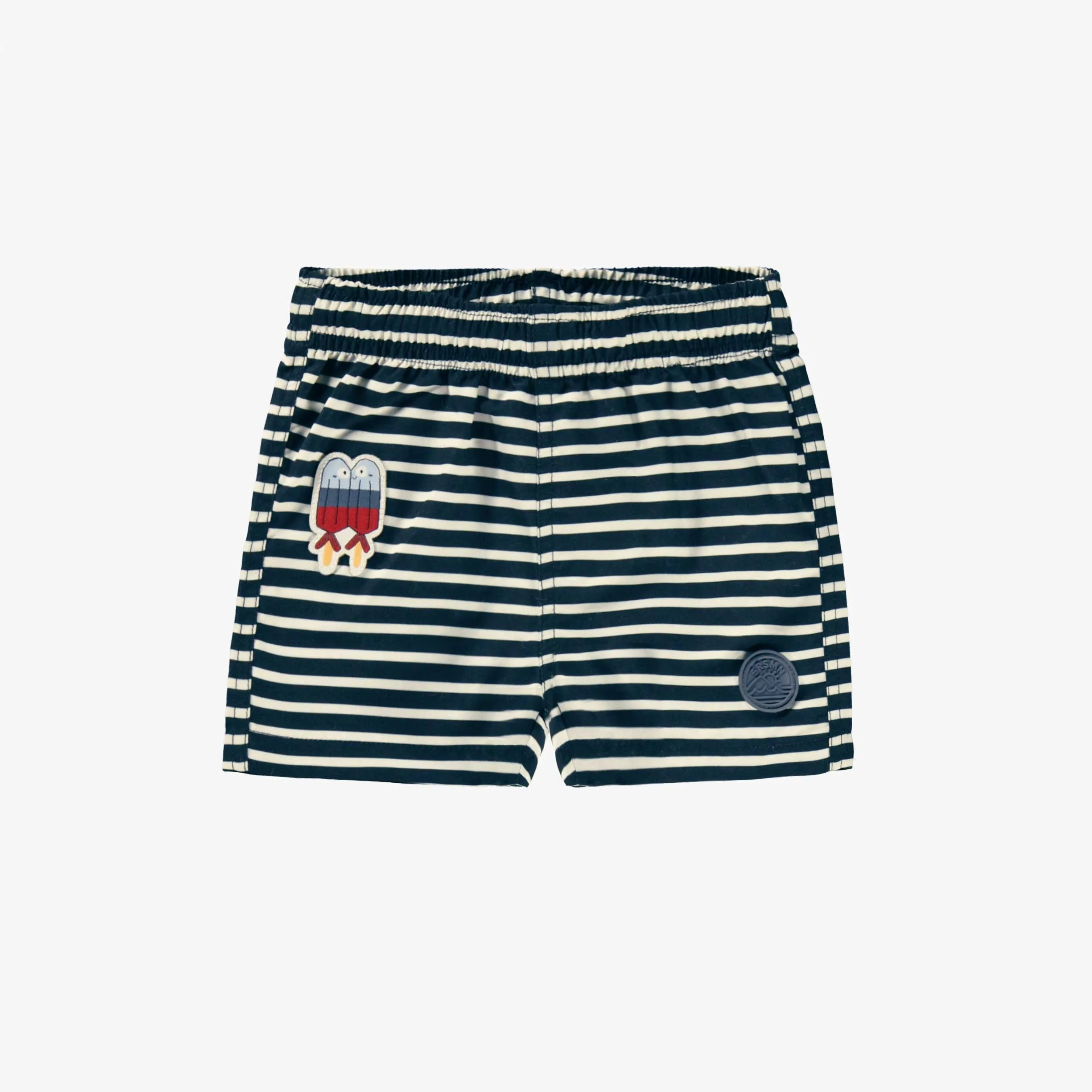 Bermuda de bain blanc et bleu marine à rayures, bébé || White and navy blue striped bathing shorts, baby
