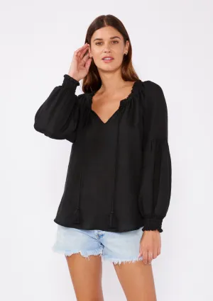 Bishop Sleeve Smocked Split Neck Peasant Top
