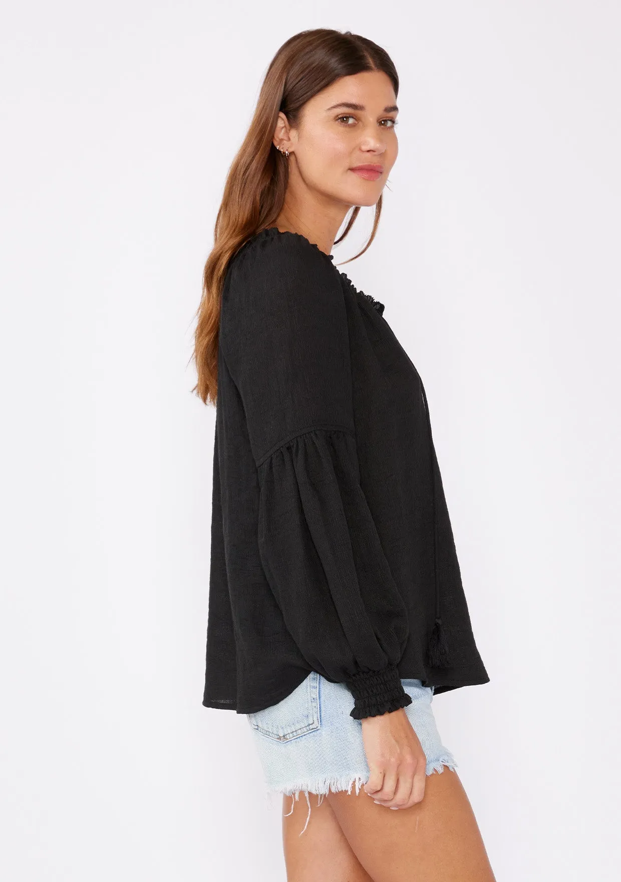 Bishop Sleeve Smocked Split Neck Peasant Top